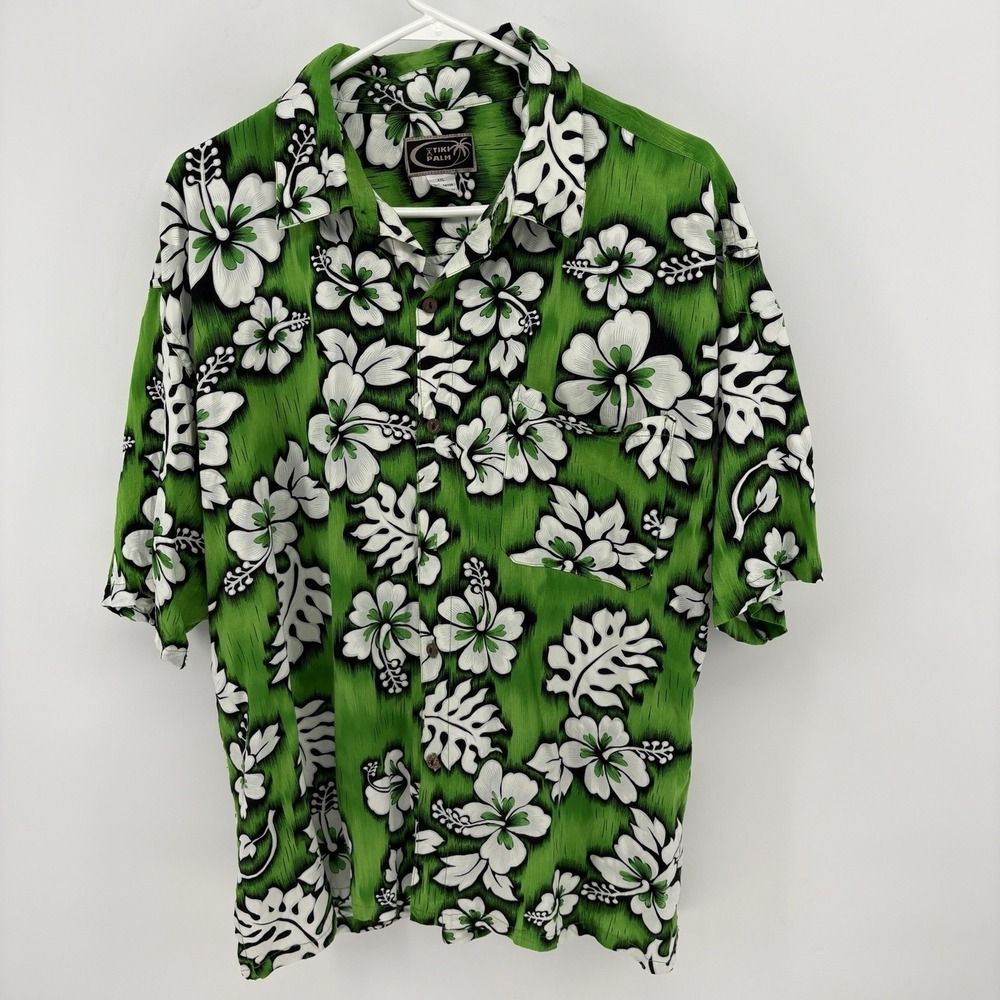 Tiki Palm Mens XXL Hawaiian Shirt 100% Rayon Green Floral Hibiscus Beach Aloha